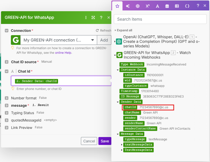Изображение с выбором ChatId отправителя в качестве получателя