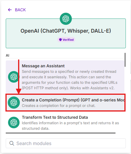 Изображение с выбором модуля "Create a Completion"