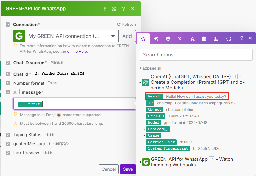 Изображение с выбором результата от OpenAI в качестве ответного сообщения