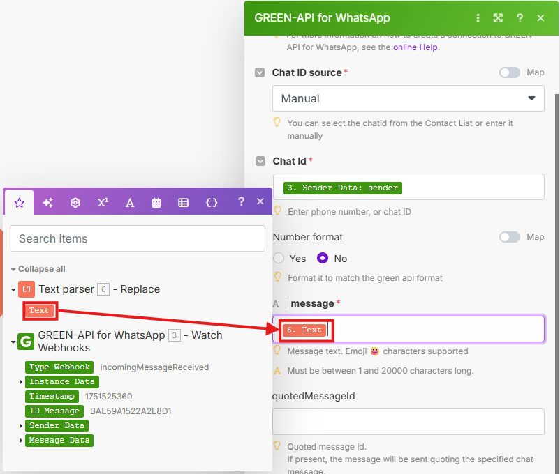 Изображение с выбором обработанной строки в модуле SendMessage