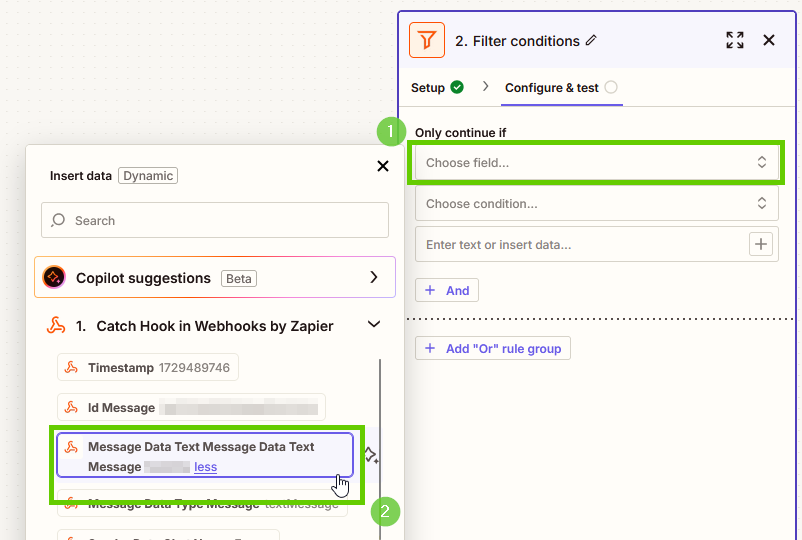 Выбор поля с текстовым сообщением из выпадающего списка