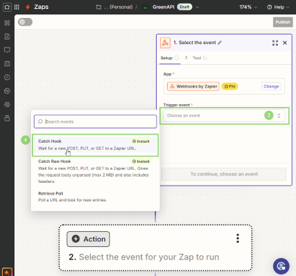 Изображение выбора типа события "Catch Hook"