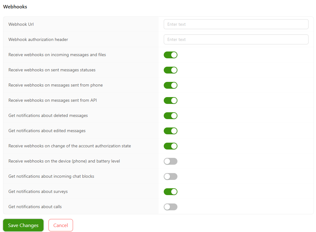 Incoming webhooks settings