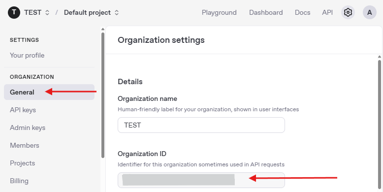 Image from the General page, where the Organization ID is specified