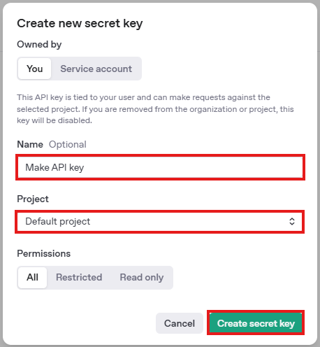 Image with entering data for creating an Api Key
