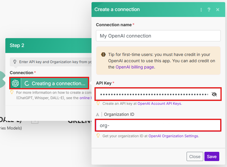 Image with the entered data for connecting to OpenAI