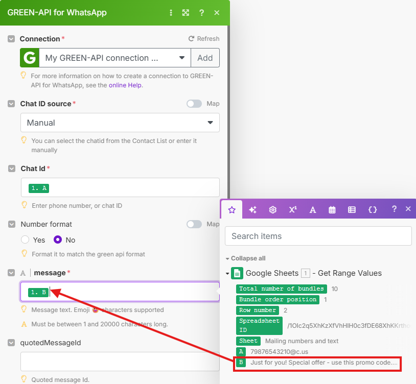 "Paste message data from the spreadsheet"