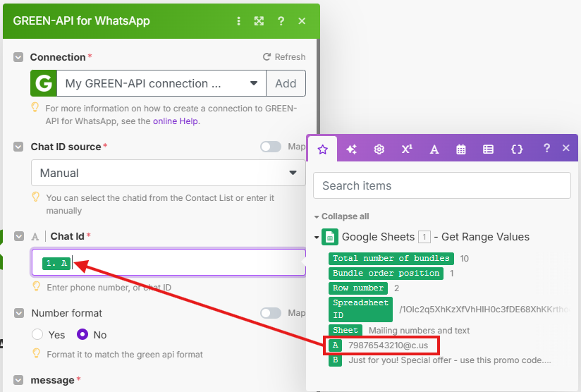 "Paste phone numbers from the spreadsheet"
