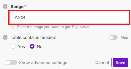 Selecting a range for a spreadsheet with links