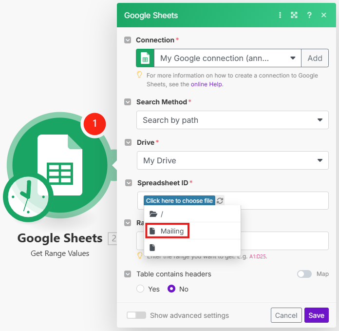 Selecting a spreadsheet with links to a file