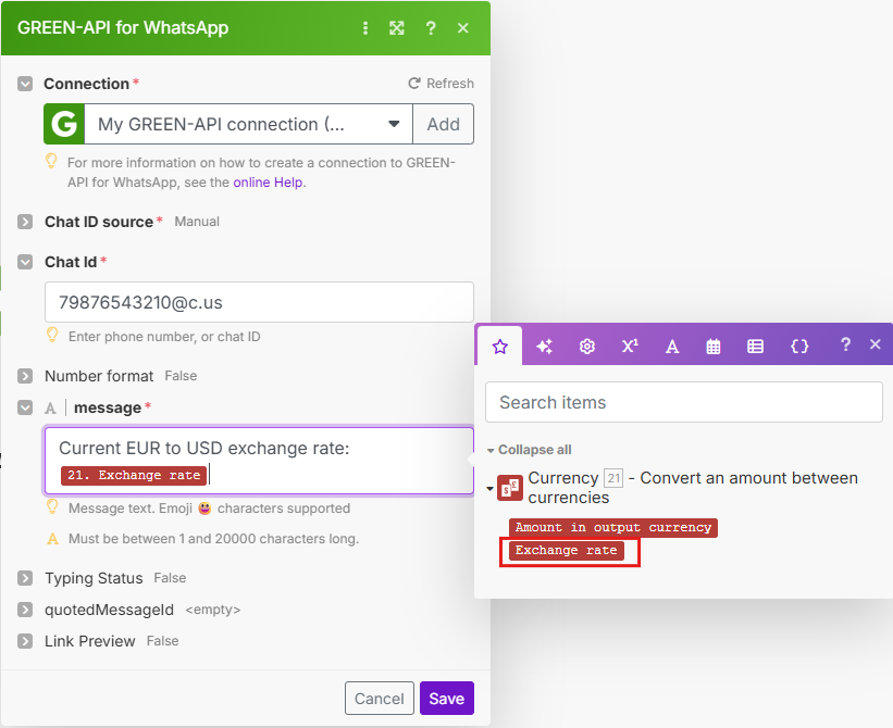 Image indicating the recipient of the rate and a message with the exchange rate
