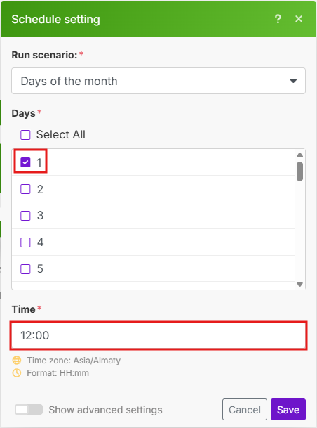 Image with schedule setup for the mailing