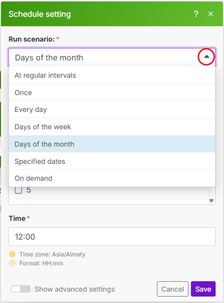 Image with the "Days of Month" schedule selected