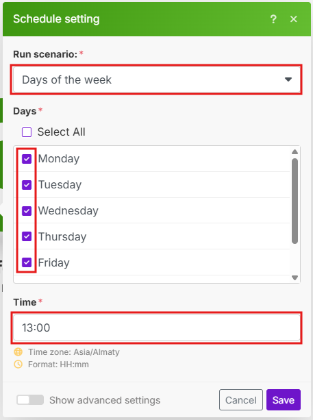 Image with schedule setting every working day at 13:00