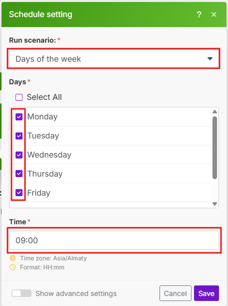 Image of setting up the schedule every day at 9 o'clock
