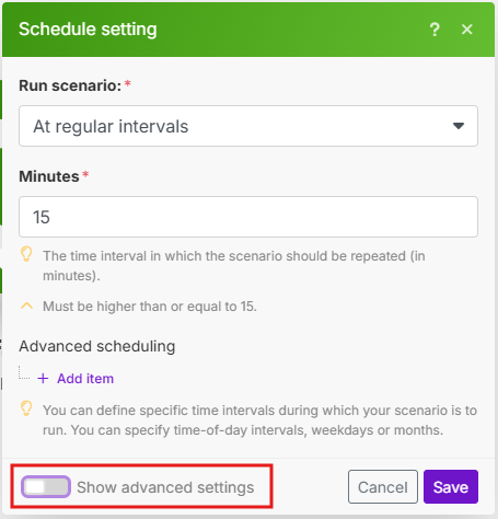 Image with additional schedule settings enabled