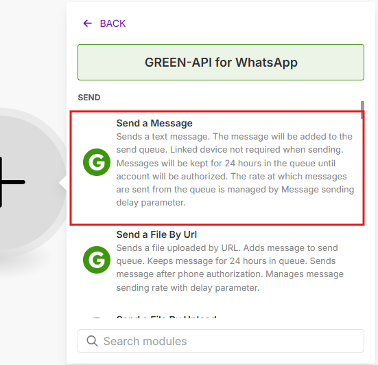 Image with the "Send a Message" module selected