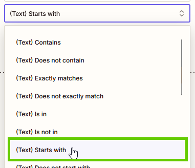Select comparison condition in filter